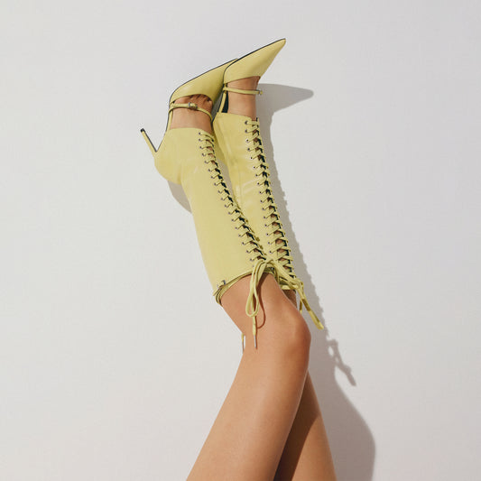 Yellow Pointed-Toe Front Lace-Up Full-Zip Knee High Stiletto Boots