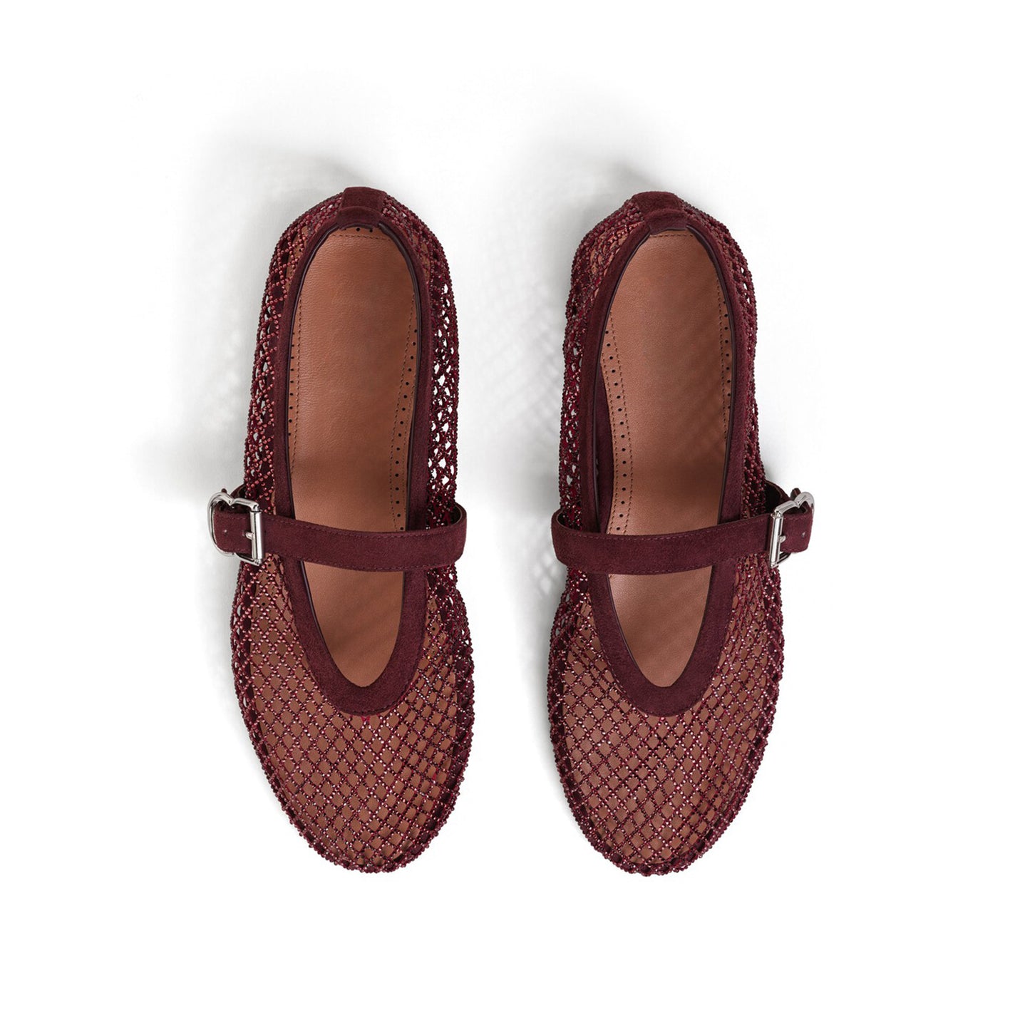 Brown Mesh With Rhinestones Round-Toe Mary Jane Ballet Flats