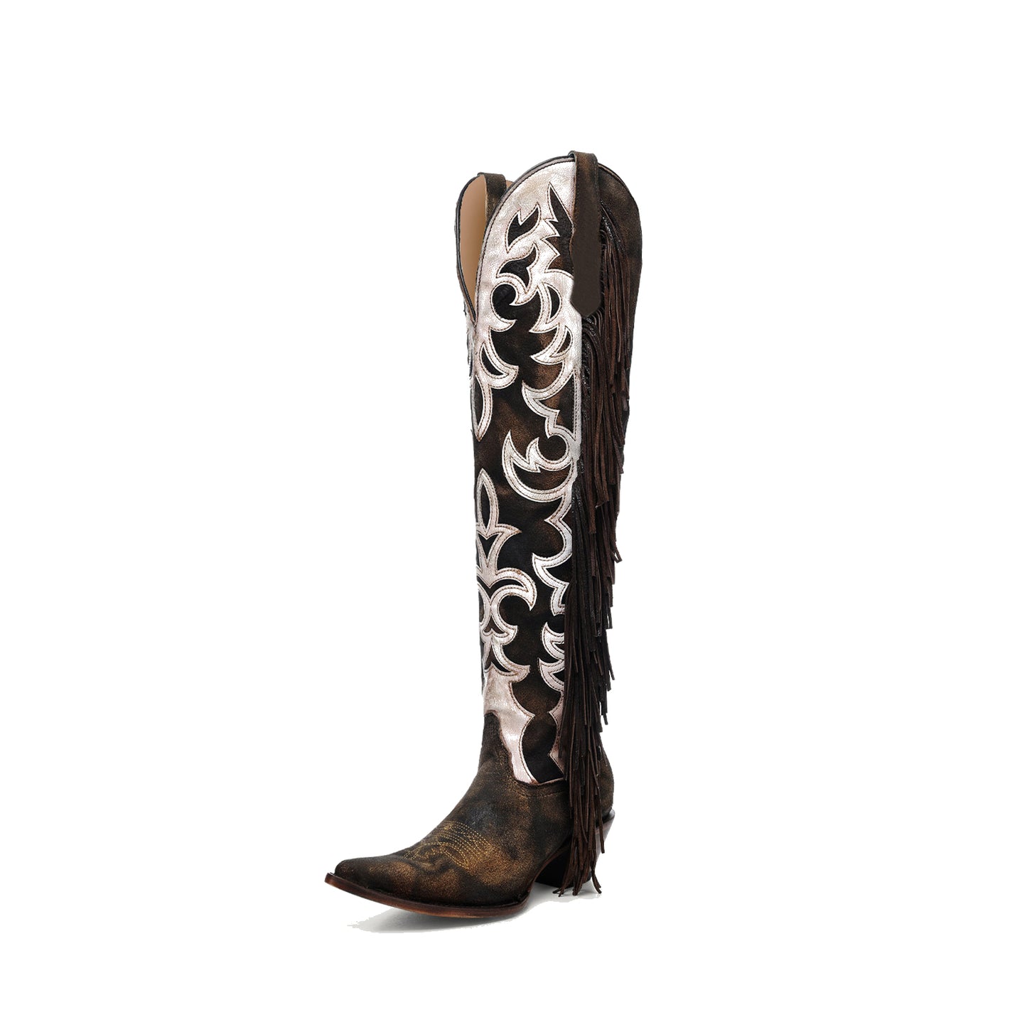 Brown Faux Suede Pointed-Toe Appliques And Side Fringe Half-Zip Over-The-Knee Cowgirl Boots