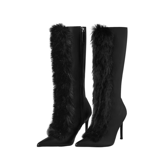 Black Pointed-Toe Black Plush Full-Zip Mid Calf Stiletto Boots