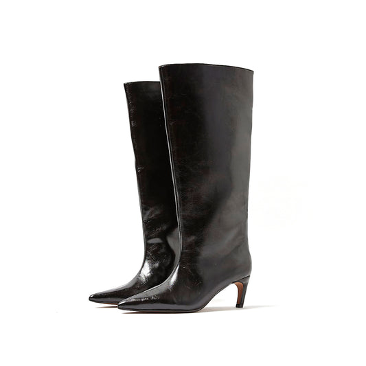 Black Pointed-Toe Sleek Wide Calf Knee High Stiletto Boots