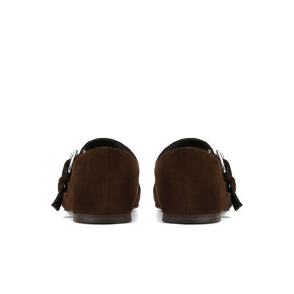 Brown Faux Suede Square-Toe Bridge Strap With Double Eyelets Flats