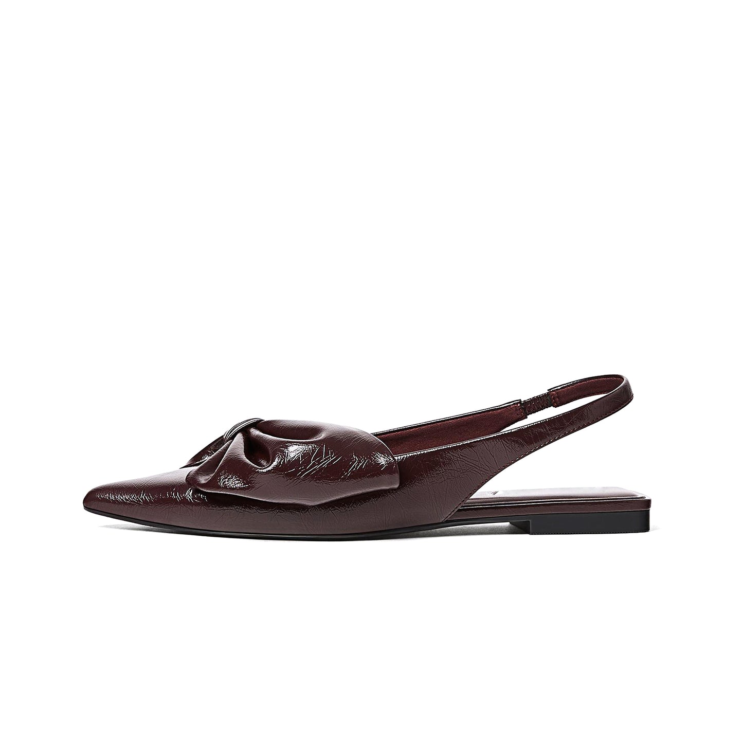 Patent Burgundy Pointed-Toe Front Big Bow Slingback Flats