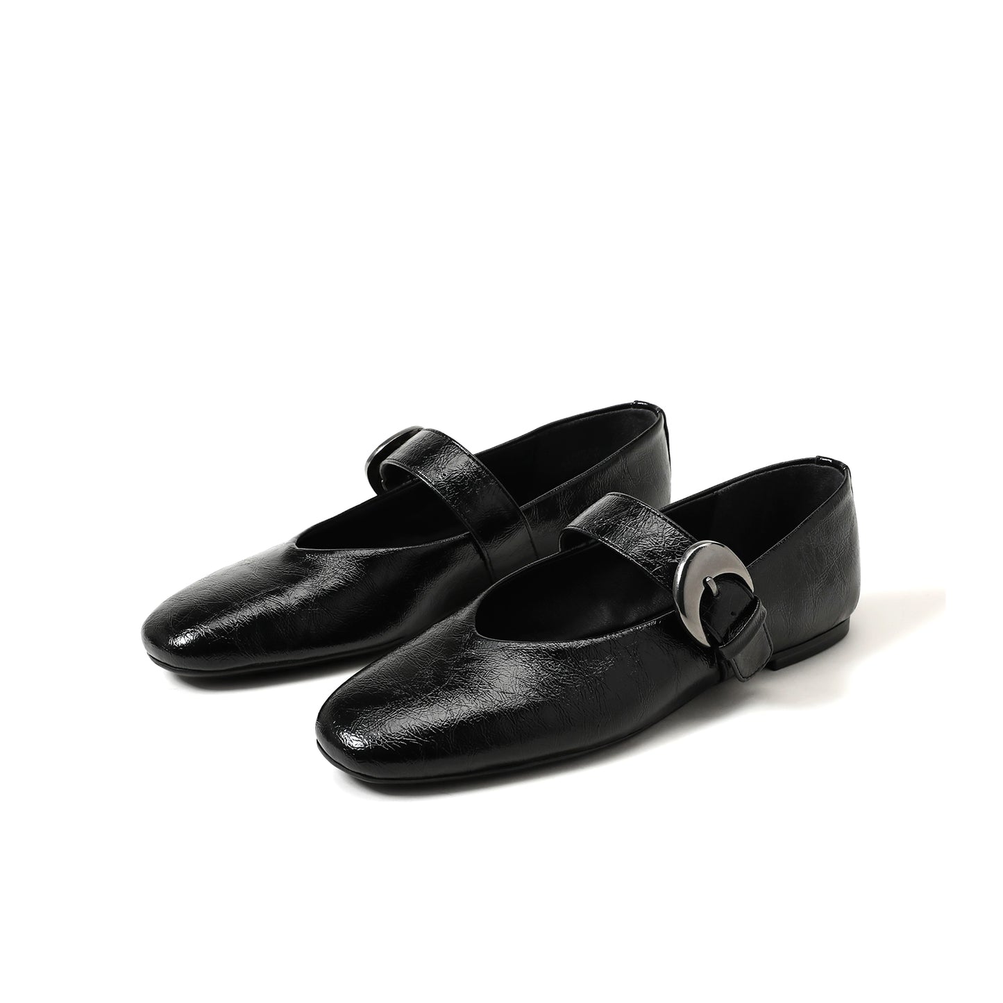 Black Vegan Leather Square-Toe Buckle Bridge Strap Ballet Flats