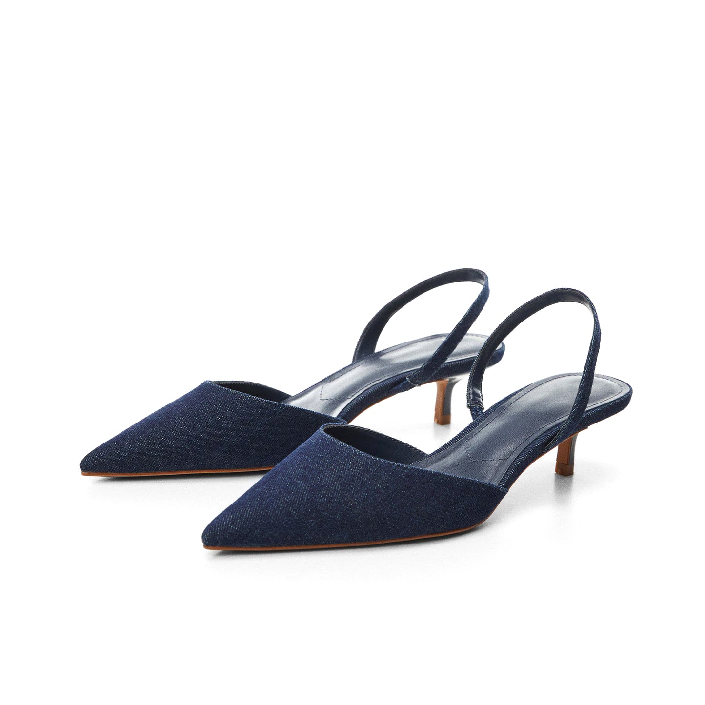 Navy Denim Pointed-Toe Slingback No Fastening Stiletto Kitten Heels
