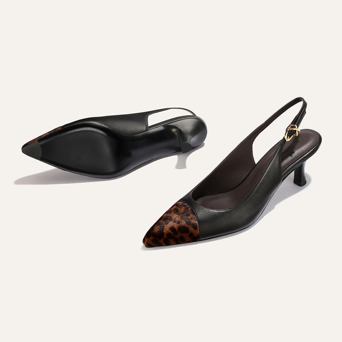 Black And Leopard Pattern Pointed-Toe Chic Back Strap Kitten Heels