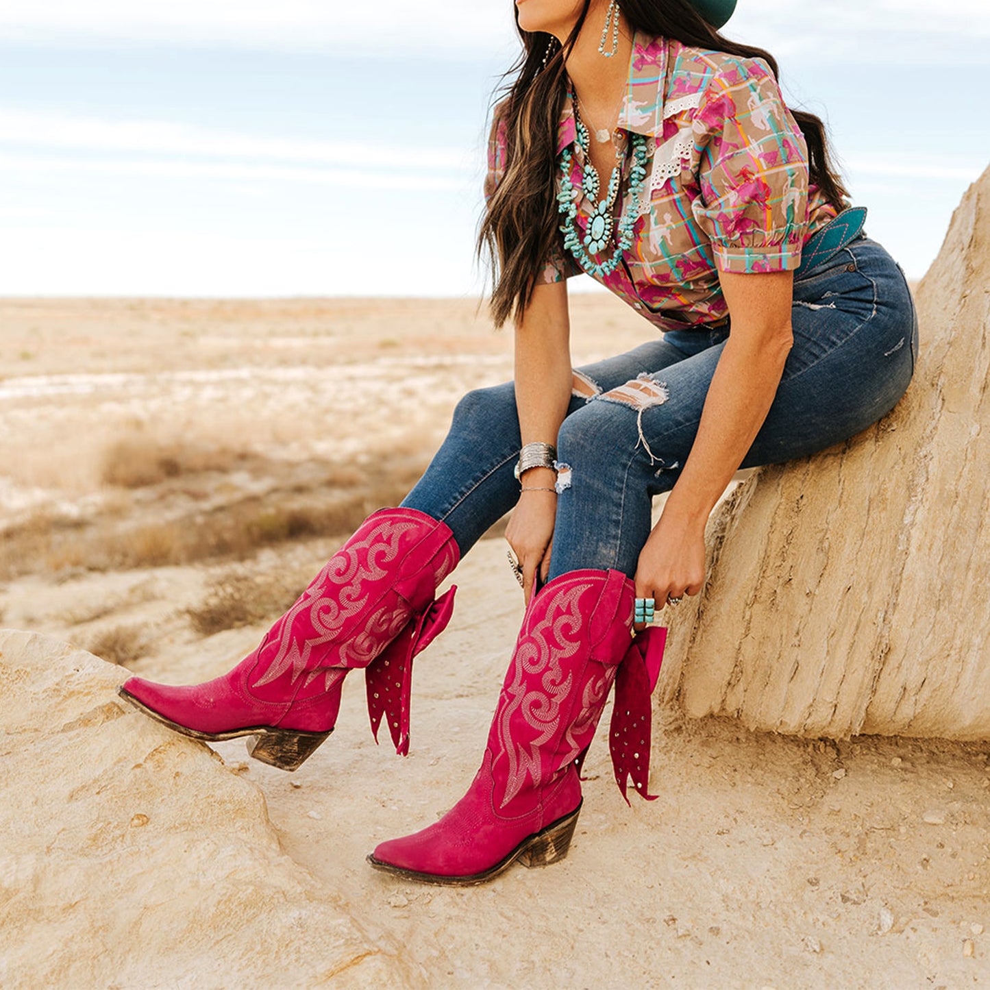 Fuchsia Pointed-Toe Embroidery Back Studded Bow Mid Calf Cowgirl Boots