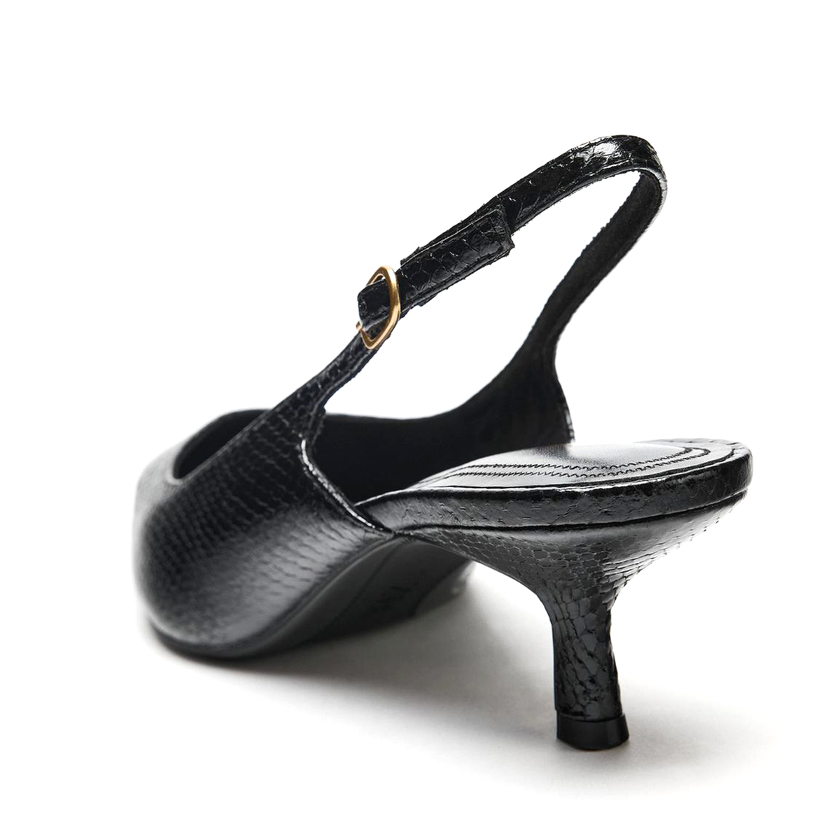 Black Snakeskin Pattern Vegan Leather Pointed-Toe Buckle Back Strap Classic Kitten Heels