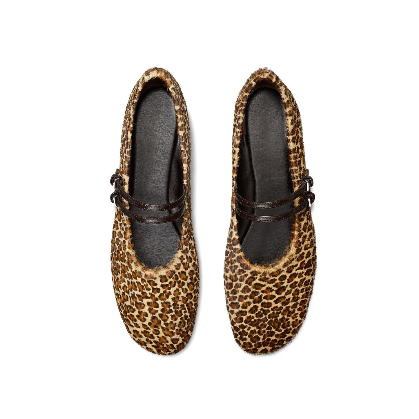 Leopard Pony Hair Square-Toe Double Bridge Straps Ballet Flats