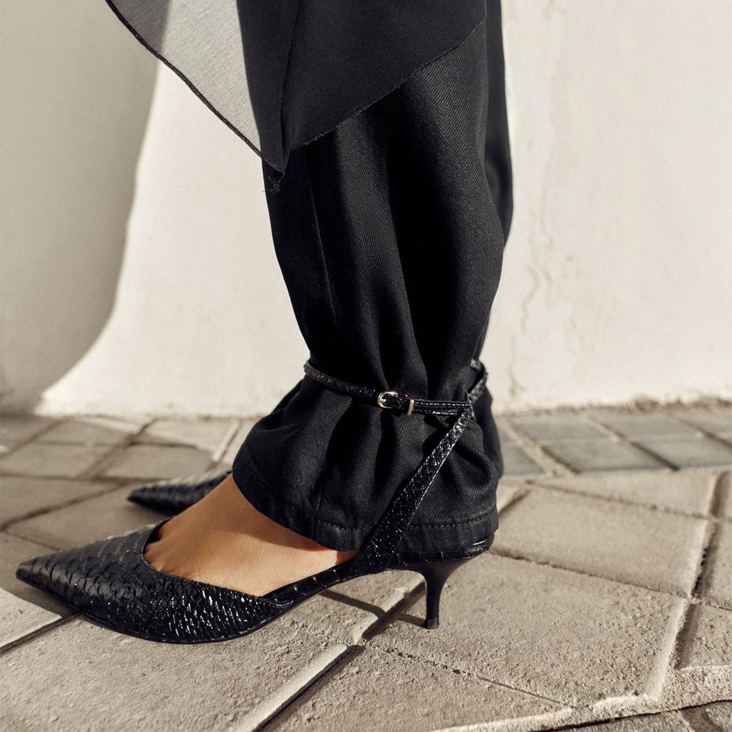 Black Snakeskin Print Pointed-Toe Ankle Strap Kitten Heels