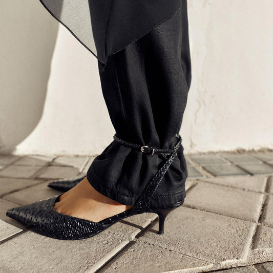 Black Snakeskin Print Pointed-Toe Ankle Strap Kitten Heels