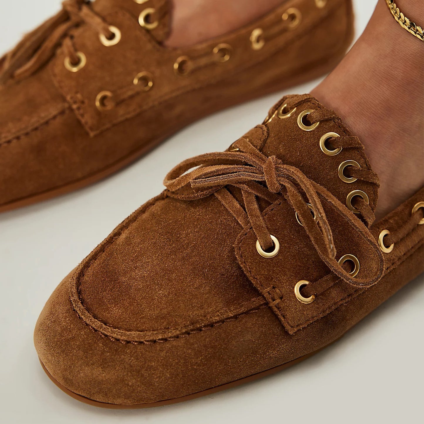 Camel Faux Suede Round-Toe Lace-Up Boat Shoes Flats