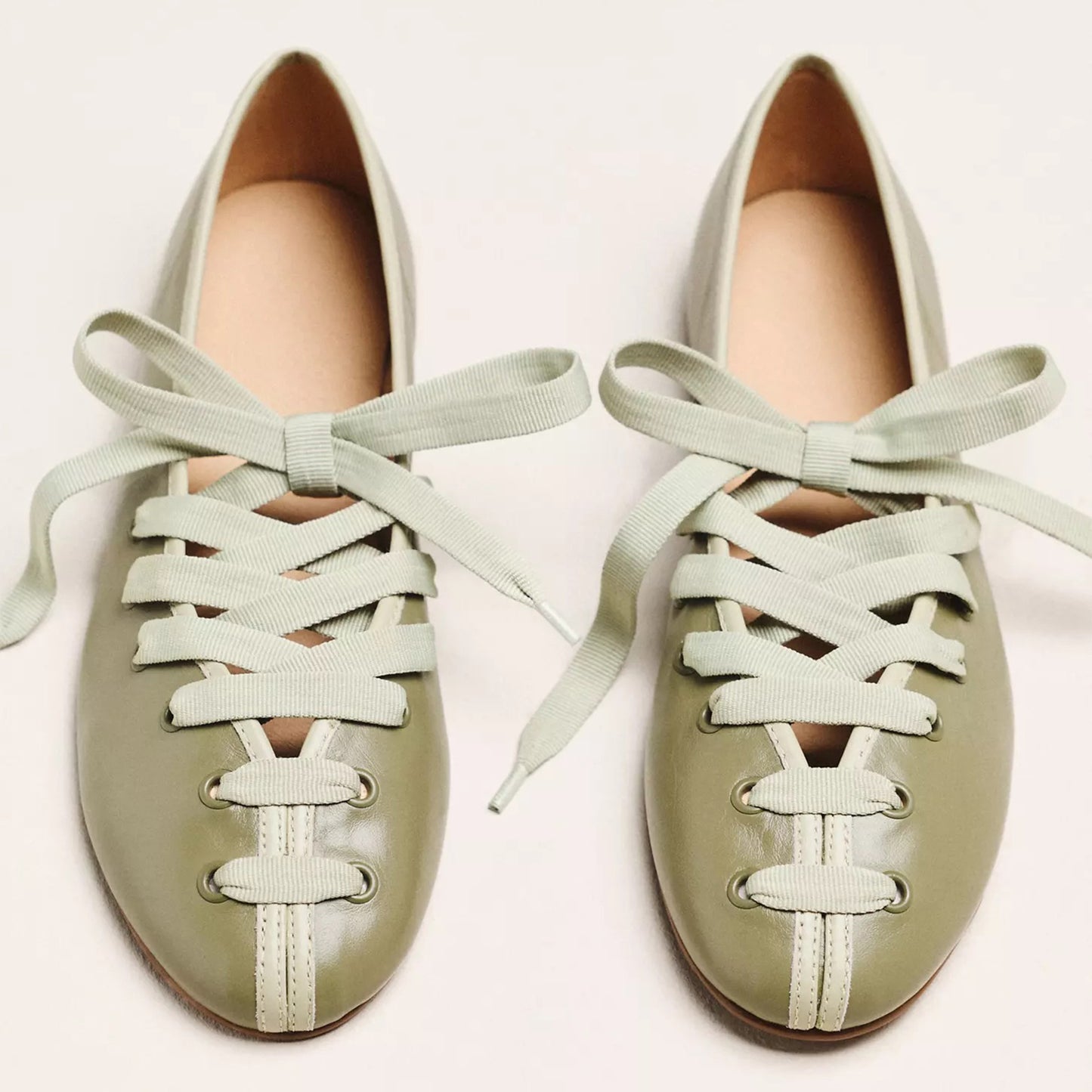 Sage Green Round-Toe Brown Lace-Up Ballet Flats