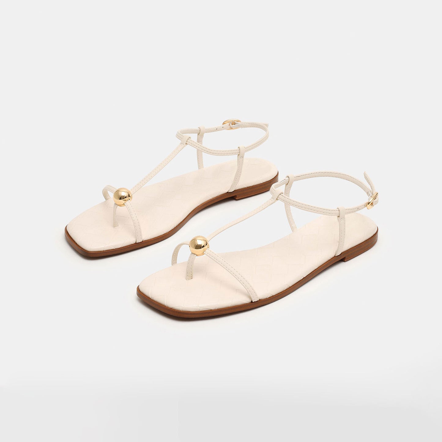 Bone Square-Toe Strappy Ankle Strap Sandals Flats