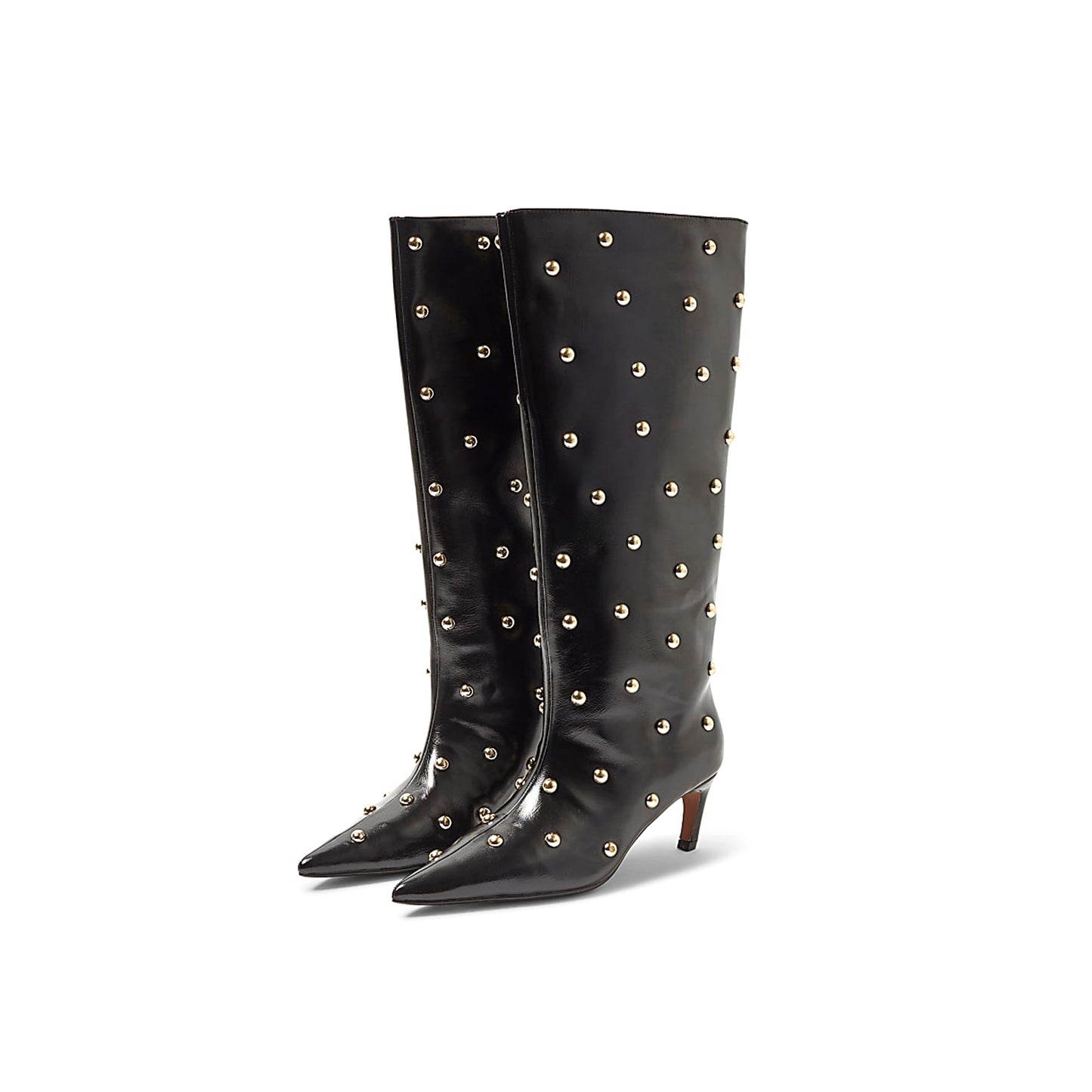 Black Pointed-Toe Studded Wide Calf Knee High Stiletto Boots