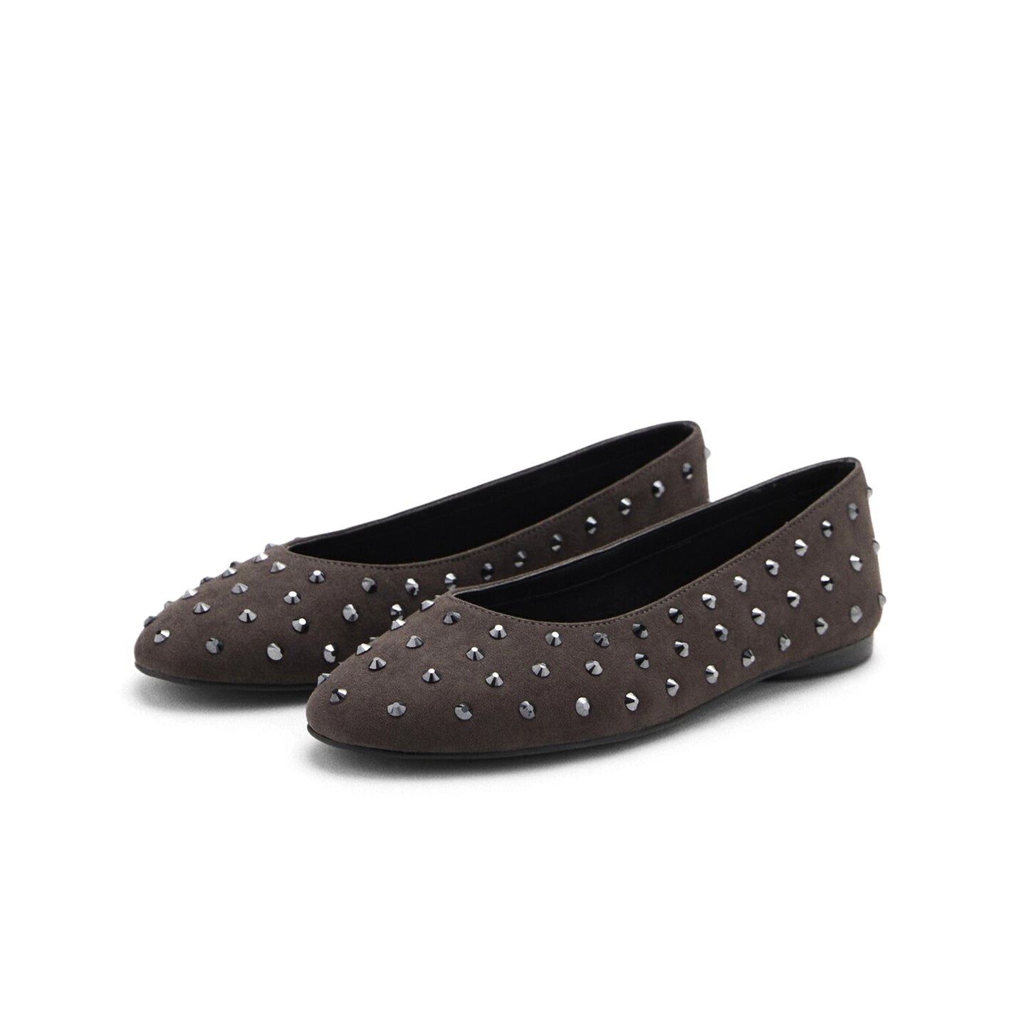 Charcoal Black Cloth Round-Toe Studded Slip-On Flats