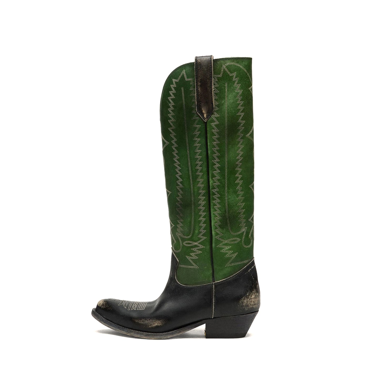 Contrast Green And Black Snip-Toe Chic Embroidery Wide Calf Knee High Cowgirl Boots