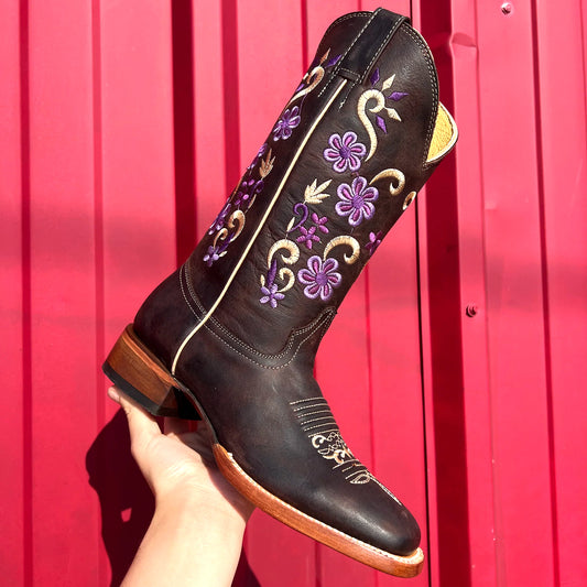 Black Square-Toe Flowers Embroidery Mid Calf Cowgirl Boots