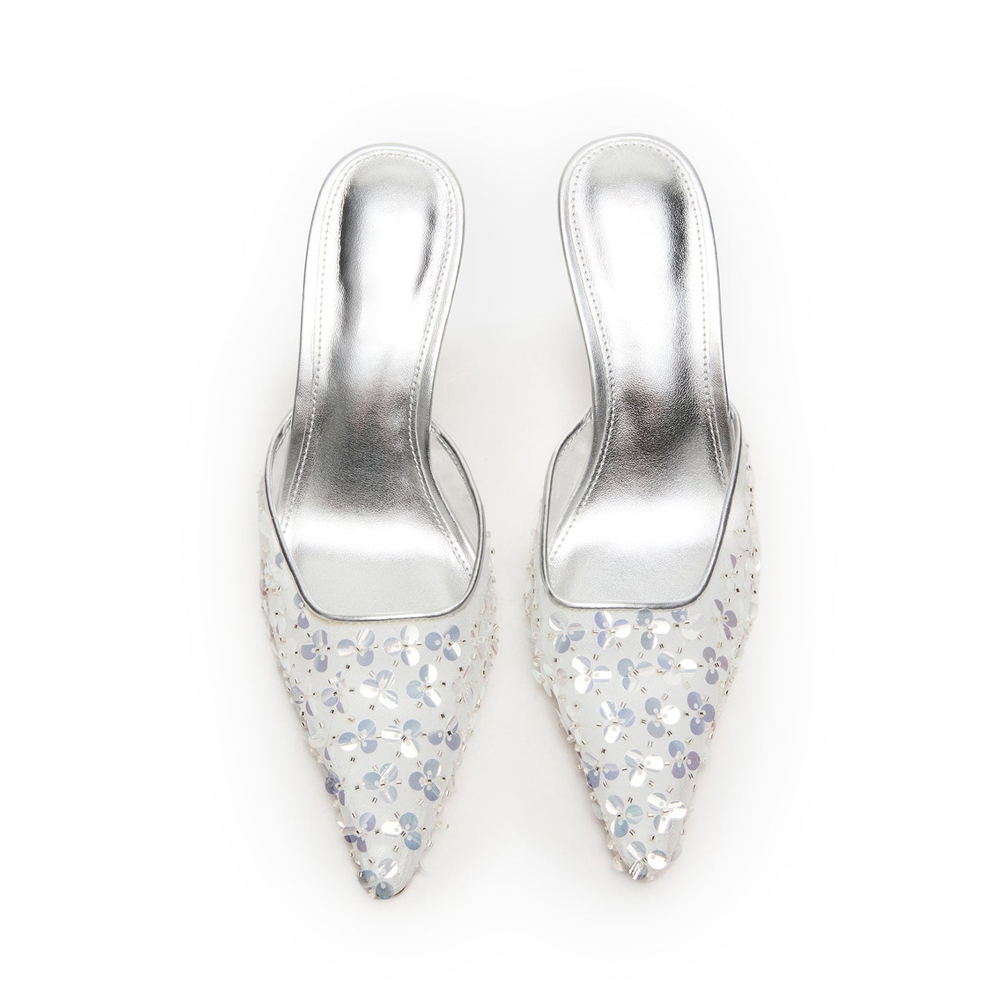 Metallic Silver Sequins Mesh Pointed-Toe Backless High Heels