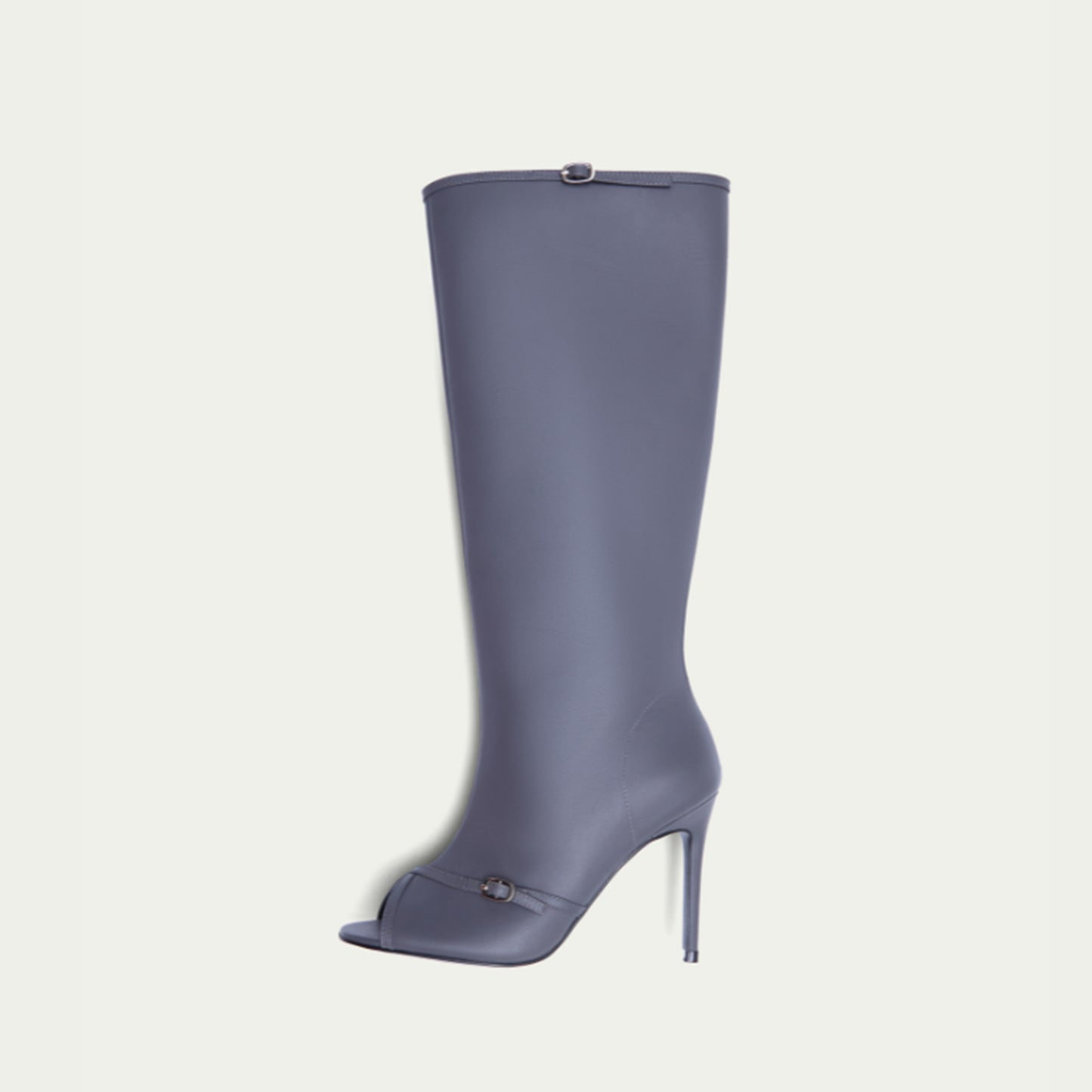 Dark Gray Peep Round-Toe Sleek Wide Calf Knee High Stiletto Boots