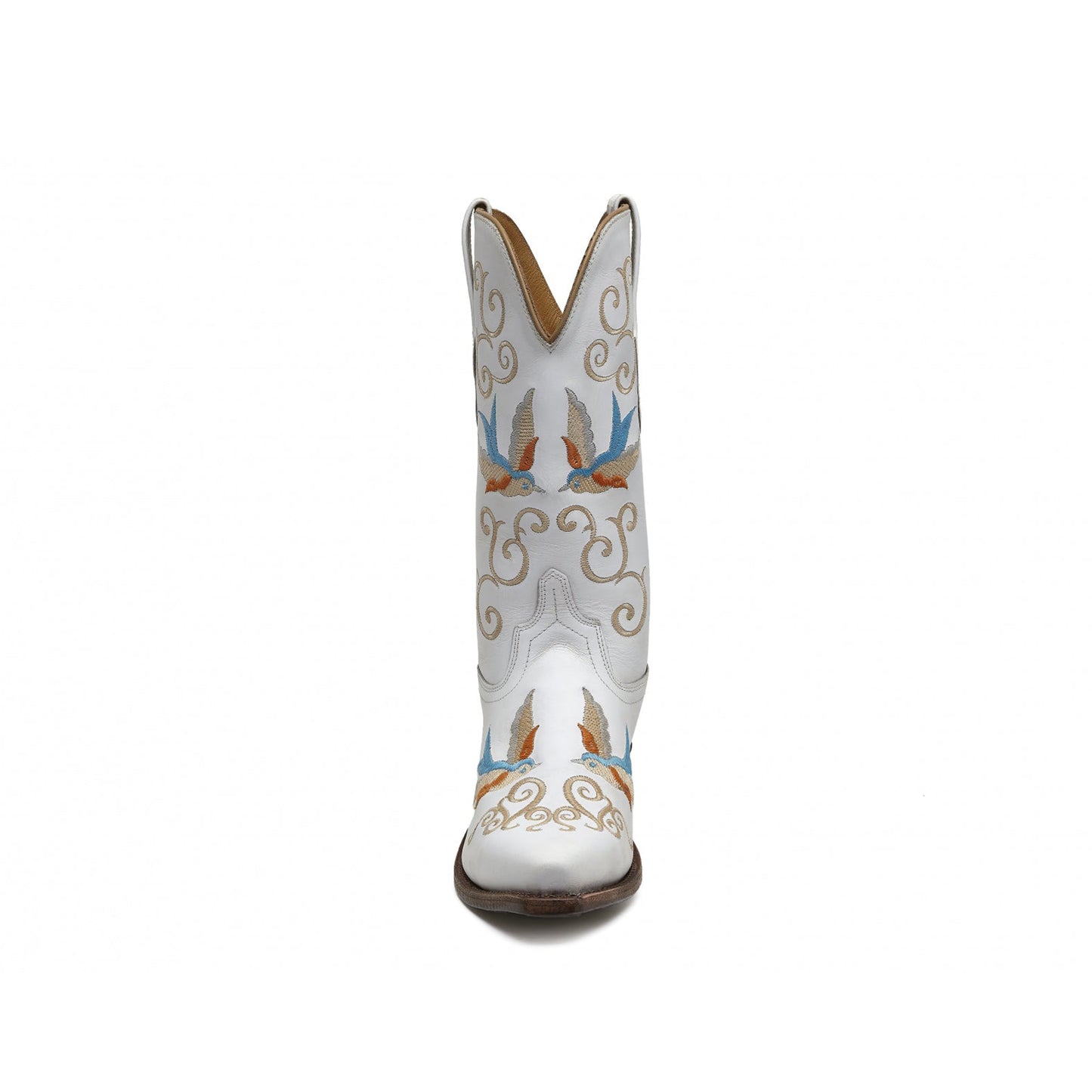White Snip-Toe Swallow Embroidery Mid Calf Cowgirl Boots