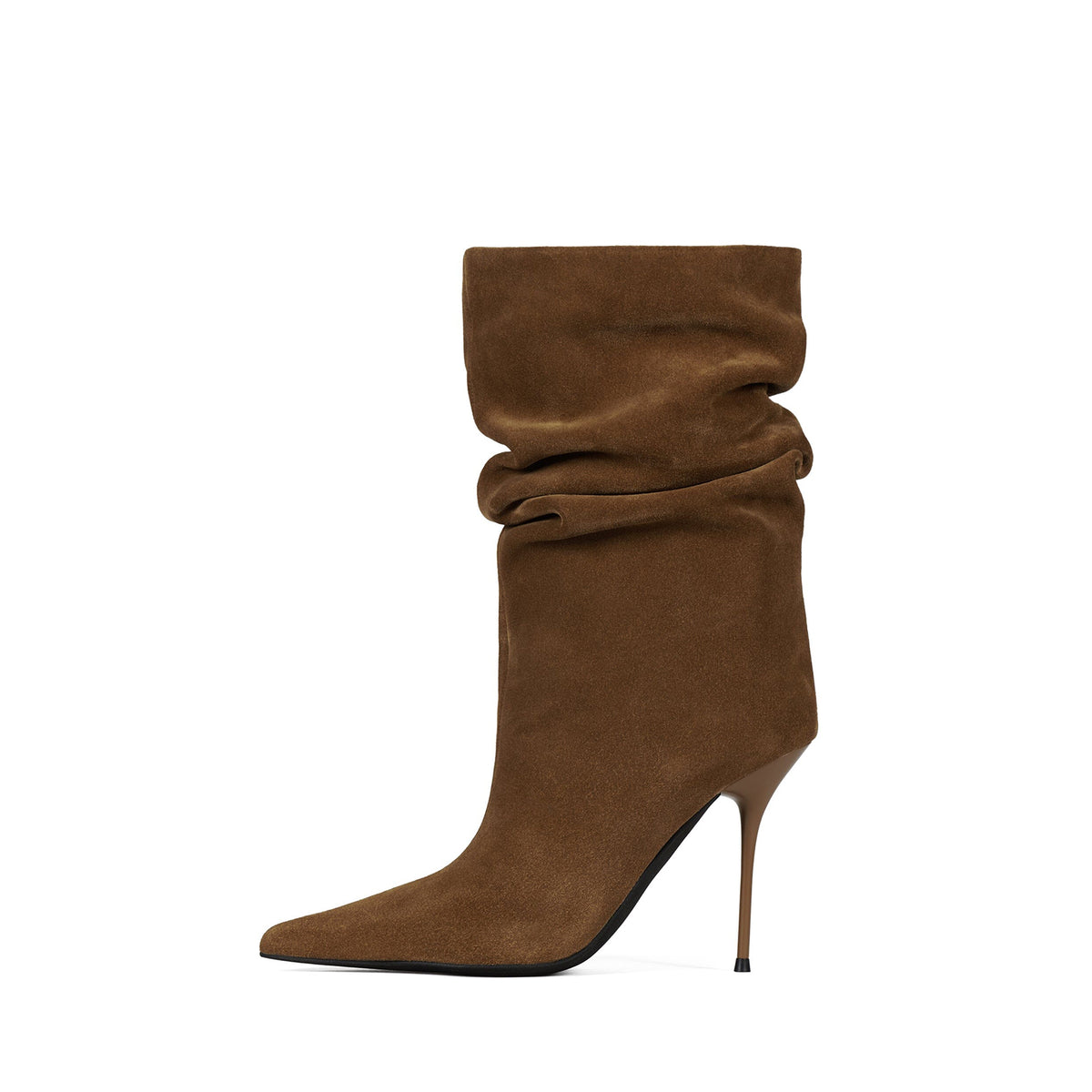 Brown Faux Suede Pointed-Toe Slip-On Ankle Stiletto Boots