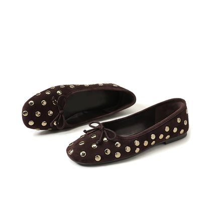 Coffee Faux Suede Square-Toe Studded Slip-On Flats