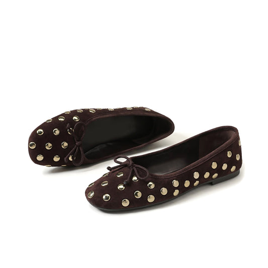 Coffee Faux Suede Square-Toe Studded Slip-On Flats