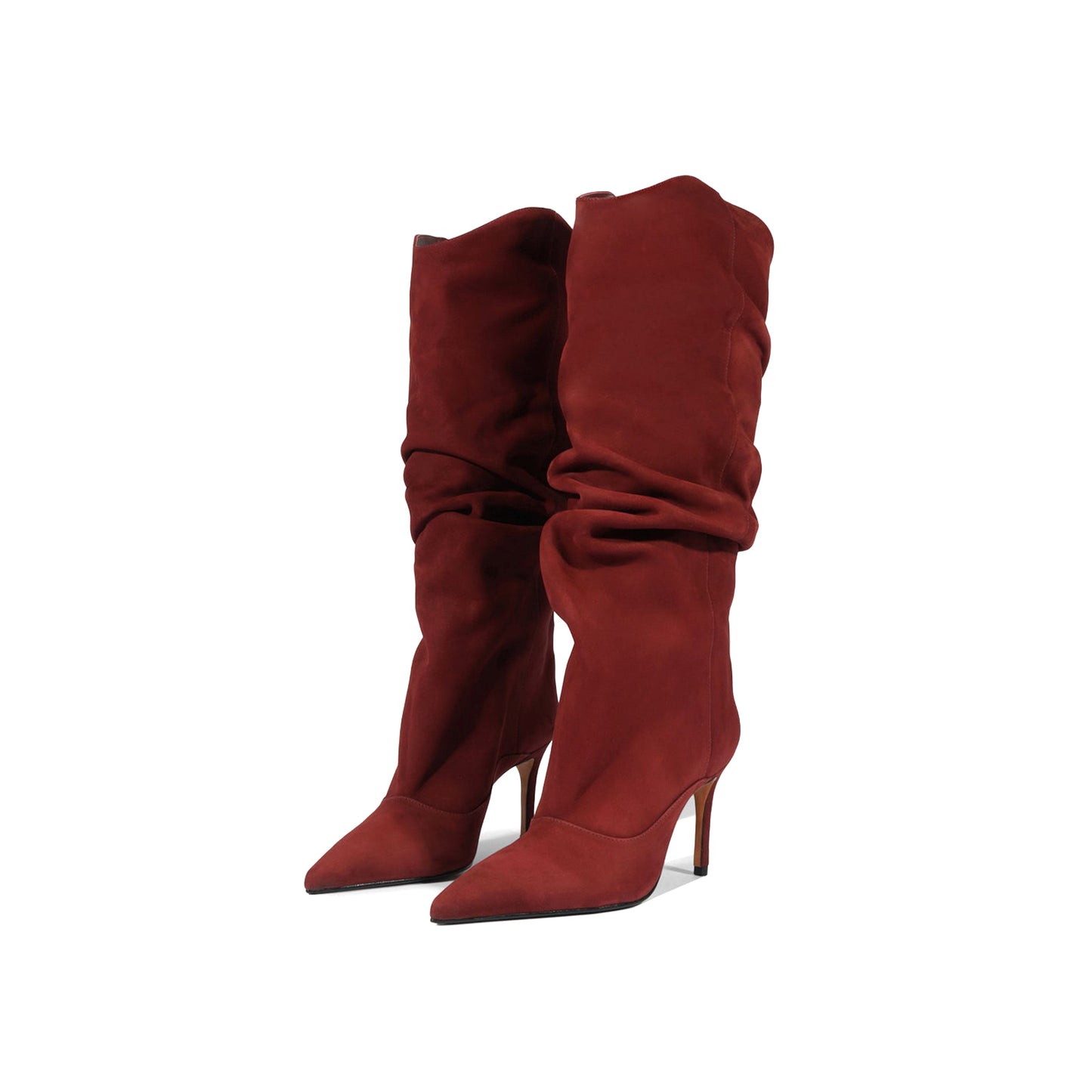 Red Brown Faux Suede Pointed-Toe Slouch Wide Calf Knee High Stiletto Boots