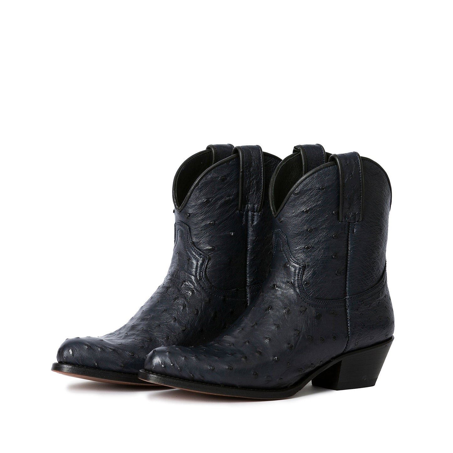 Navy Ostrich Print Round-Toe Simple Ankle Cowgirl Boots
