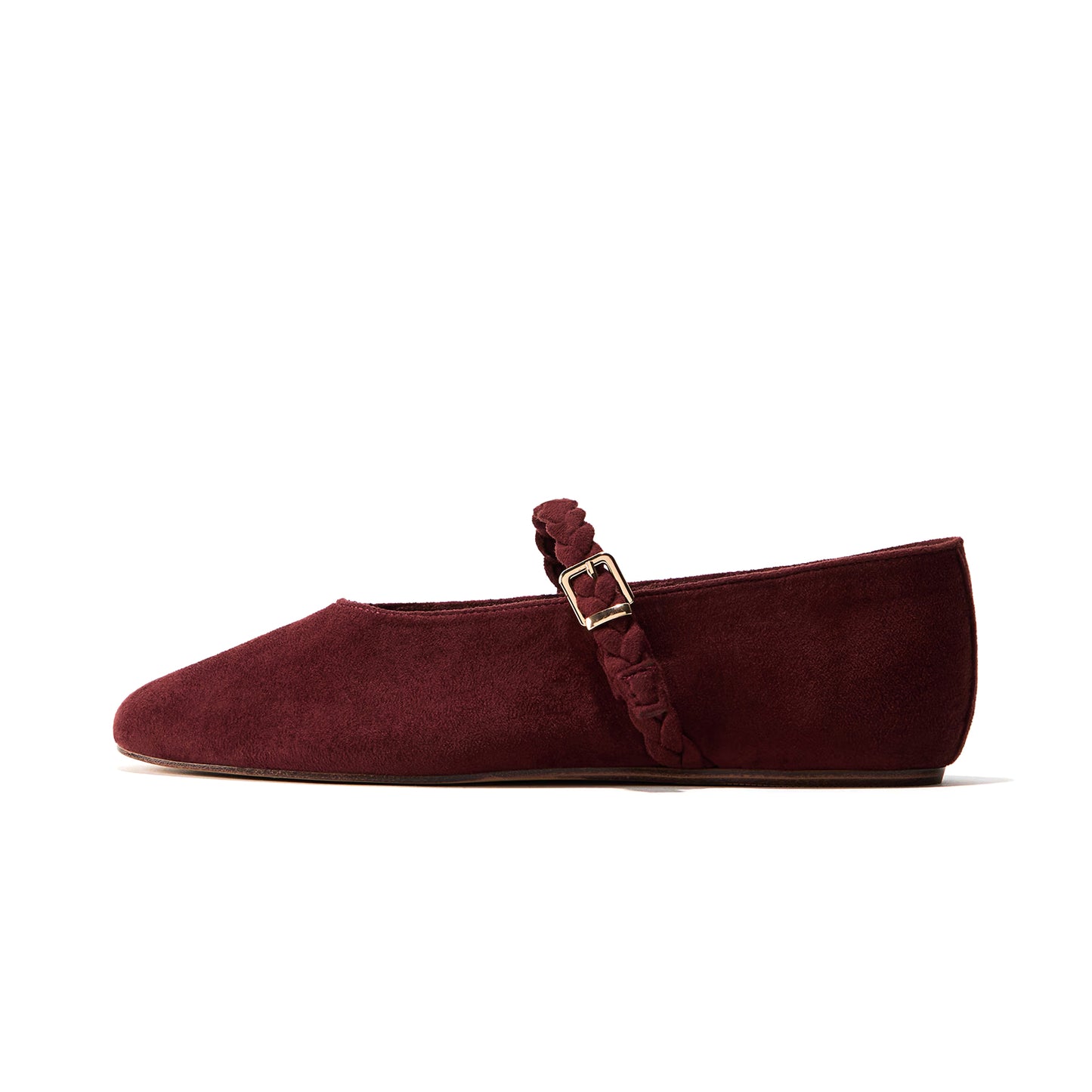 Burgundy Faux Suede Square-Toe Delicate Buckle Mary Jane Ballet Flats