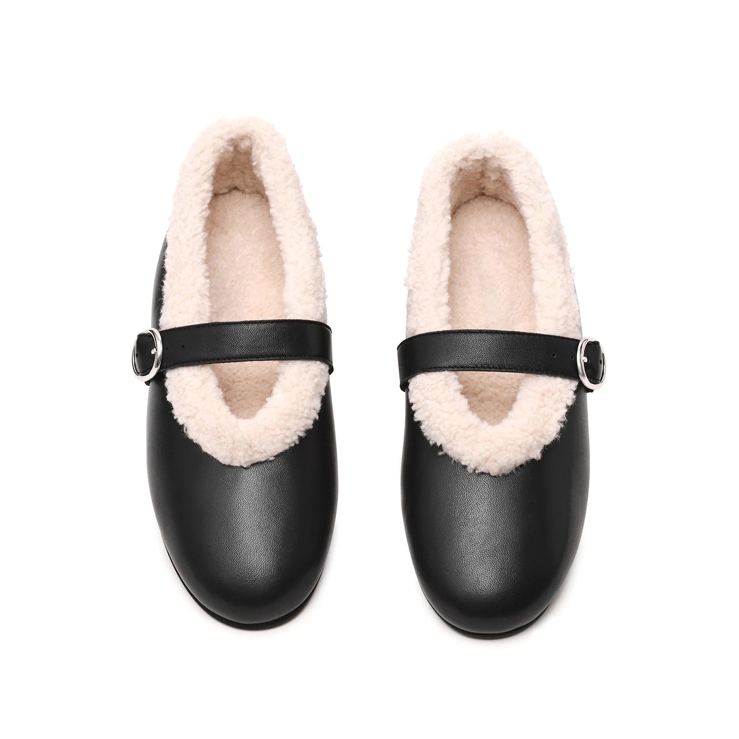 Black Round-Toe Mary Jane Ballet Flats With Plush