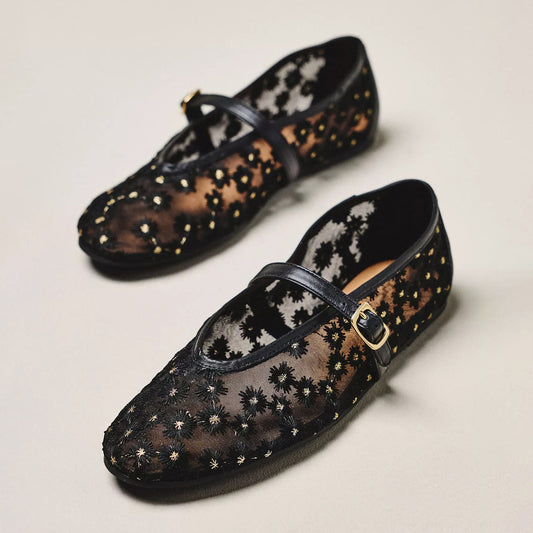 Black Mesh Round-Toe Little Flowers Embroidery Mary Jane Ballet Flats