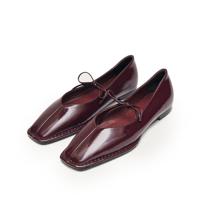 Patent Burgundy Square-Toe V-Cut Vamps Bridge Self-Tie Bow Ballet Flats