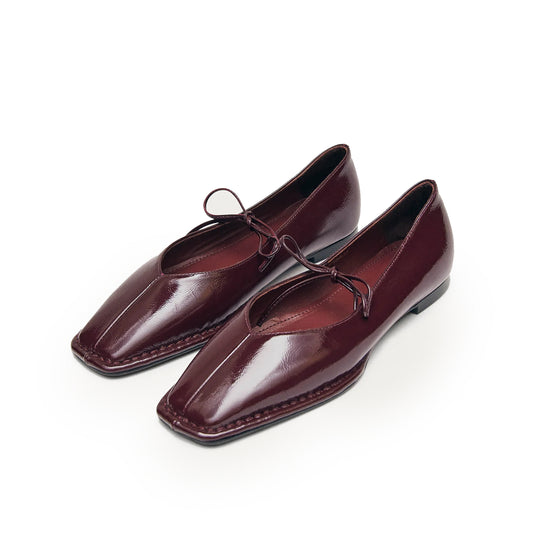 Patent Burgundy Square-Toe V-Cut Vamps Bridge Self-Tie Bow Ballet Flats