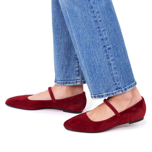 Dark Red Faux Suede Square-Toe Bridge Strap Slip-On Flats