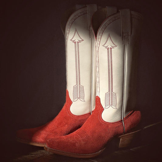 Contrast Ivory And Red Faux Suede Snip-Toe Arrow Embroidery Mid Calf Cowgirl Boots