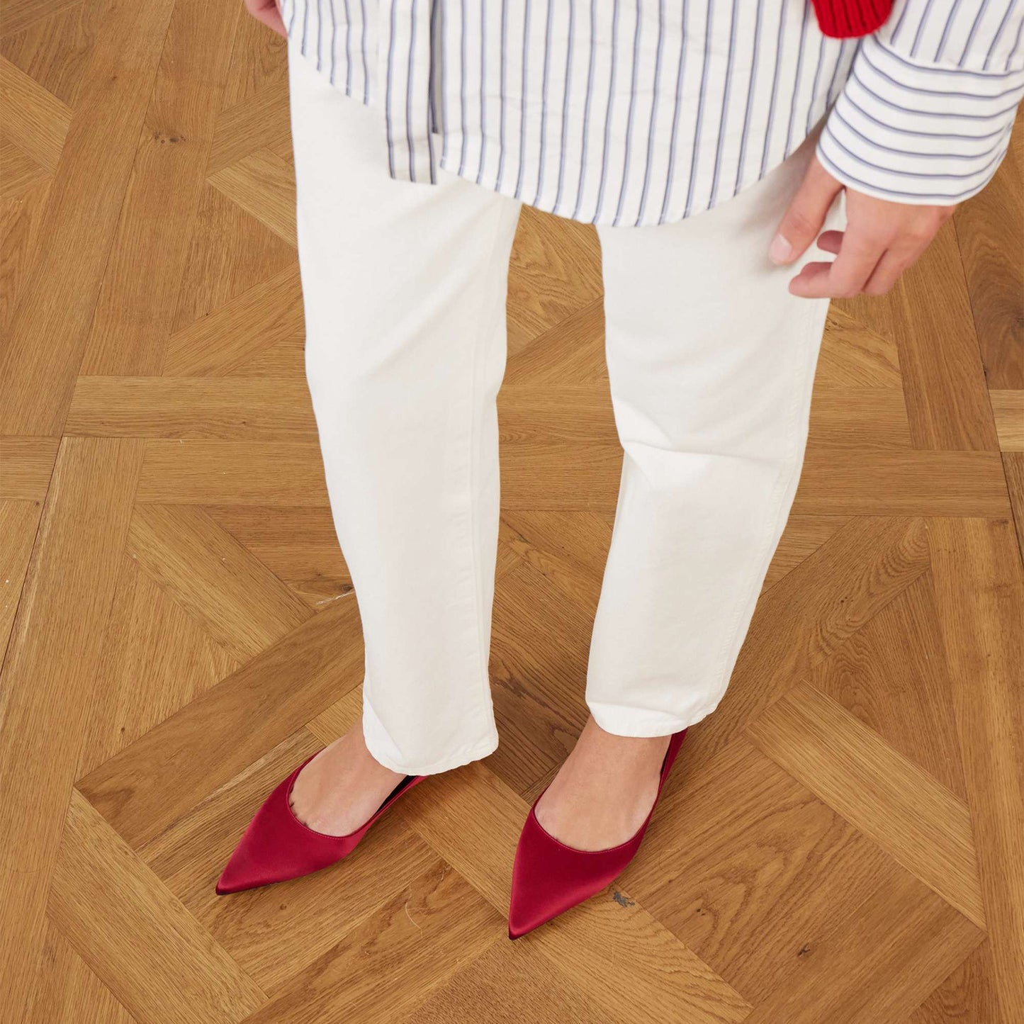 Red Satin Pointed-Toe Slip-On Simple Ballet Flats