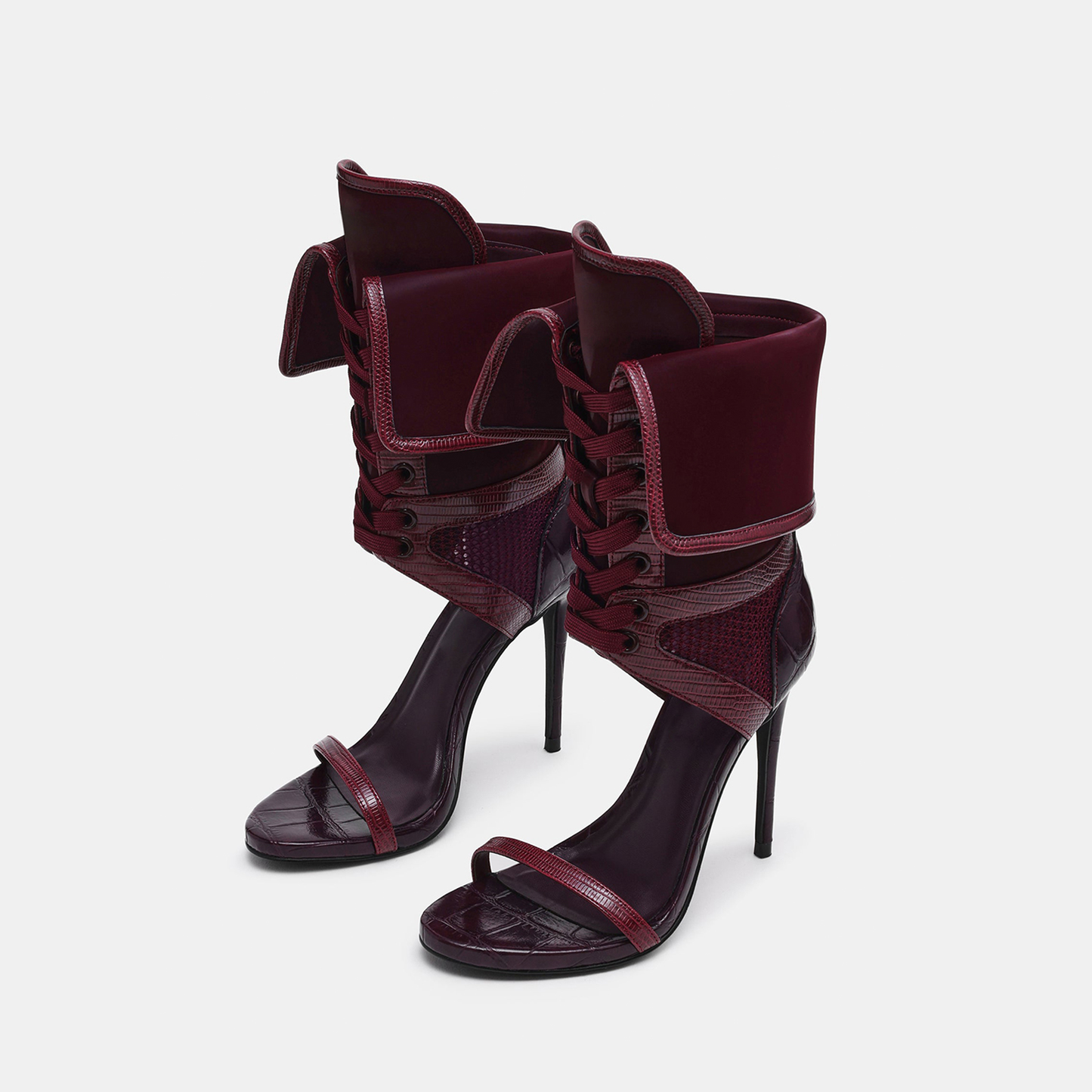 Plum Open Round-Toe Mesh And Lace-Up Shaft Back Design Stiletto High Heels