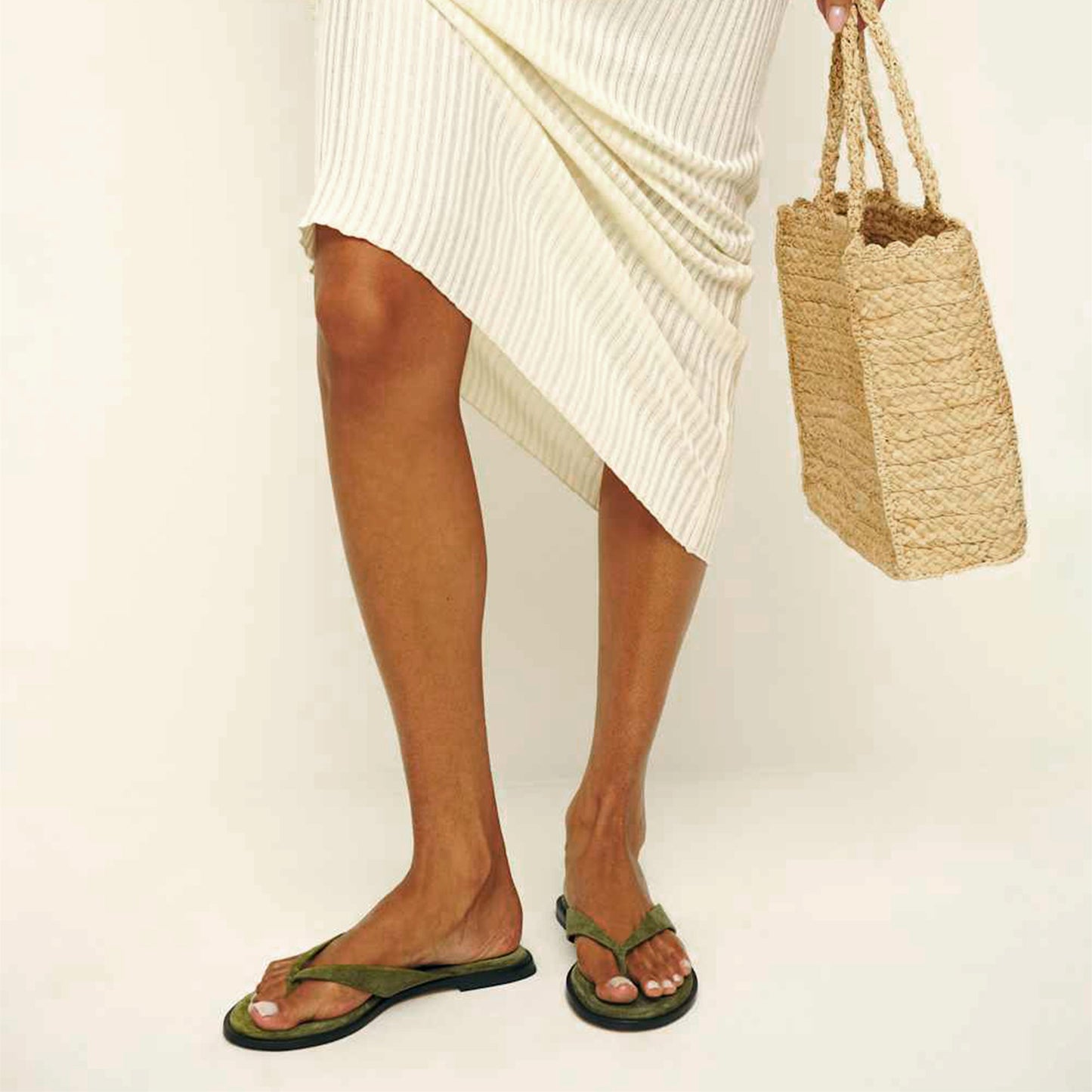 Green Faux Suede Round-Toe Flip-Flop Slip-On Sandals Flats