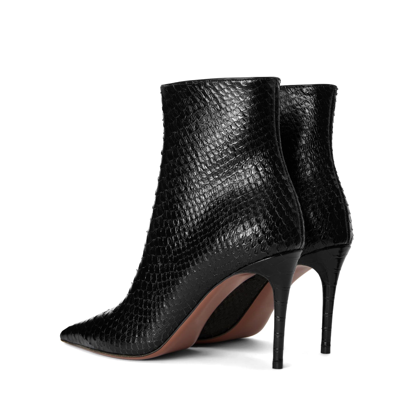 Black Snakeskin Print Pointed-Toe Classic Full-Zip Chic Ankle Stiletto Boots