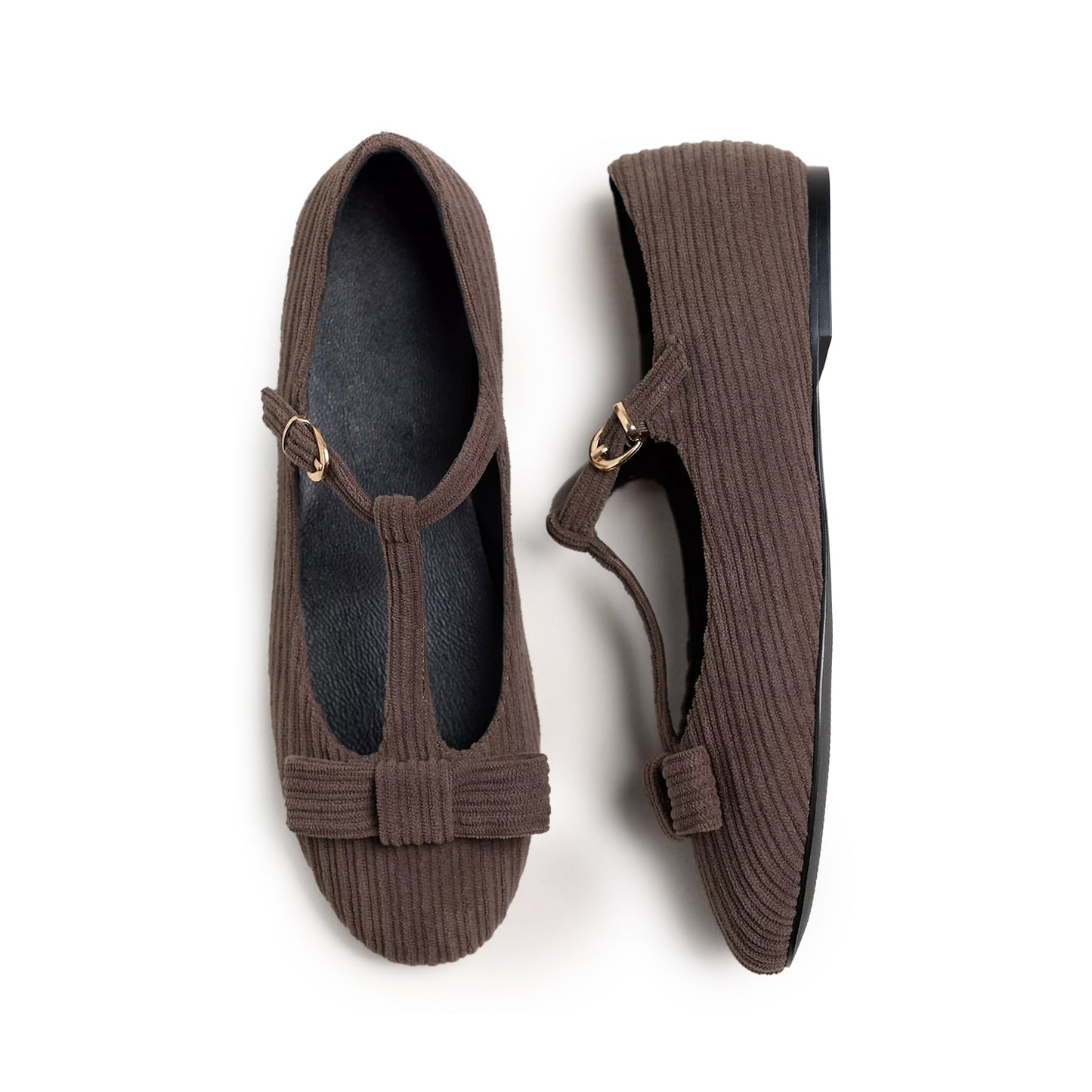 Chocolate Striped Flannel Fabric Round-Toe T-Strap Ballet Flats