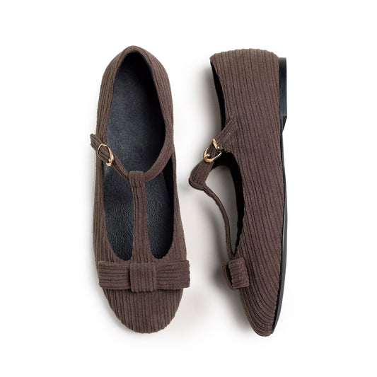 Chocolate Striped Flannel Fabric Round-Toe T-Strap Ballet Flats