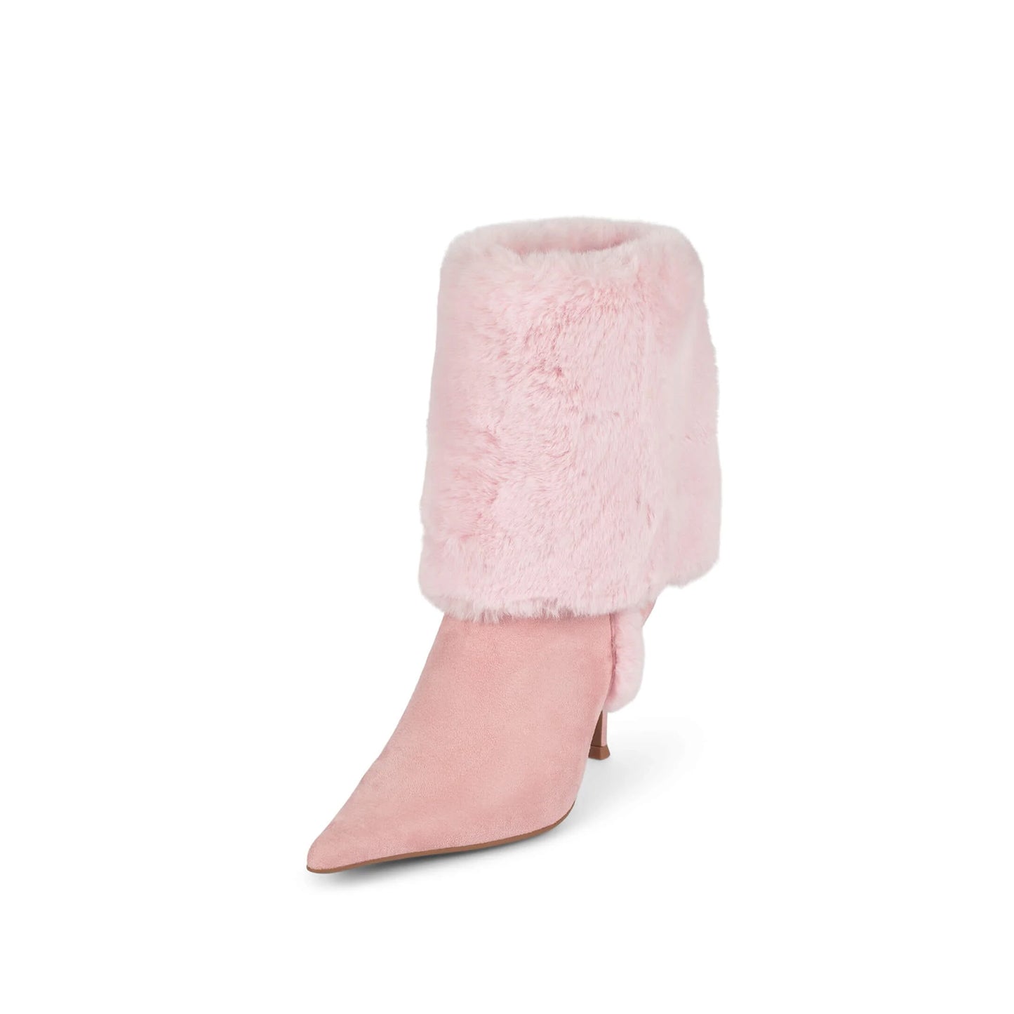 Pink Faux Suede Pointed-Toe Plush Fold-Over Knee High Stiletto Boots