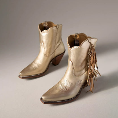 Metallic Gold Snip-Toe Side Fringe Ankle Cowgirl Boots