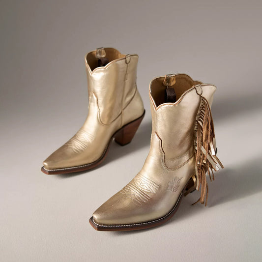 Metallic Gold Snip-Toe Side Fringe Ankle Cowgirl Boots