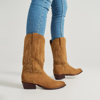 Caramel Faux Suede Almond-Toe Embroidery Mid Calf Cowgirl Boots