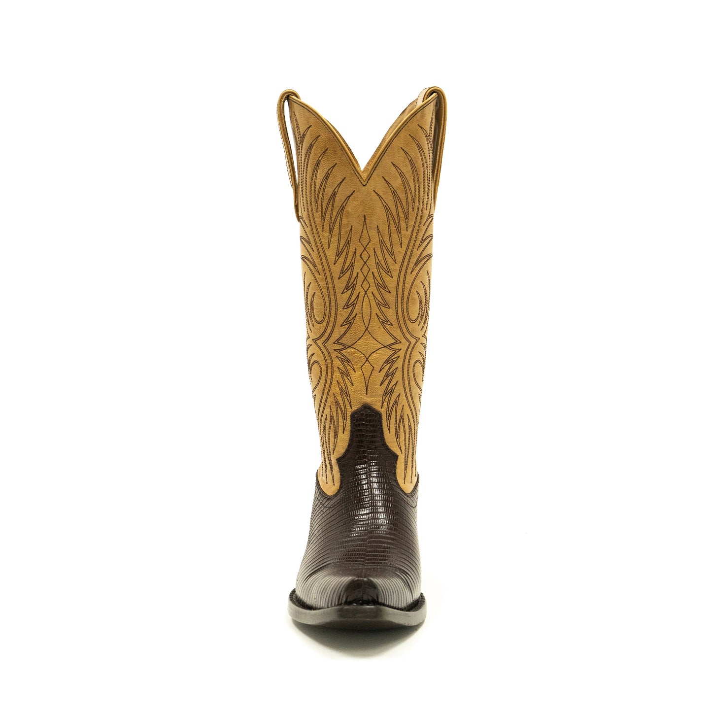 Contrast Tan And Chocolate Lizard Print Snip-Toe Embroidery Mid Calf Cowgirl Boots