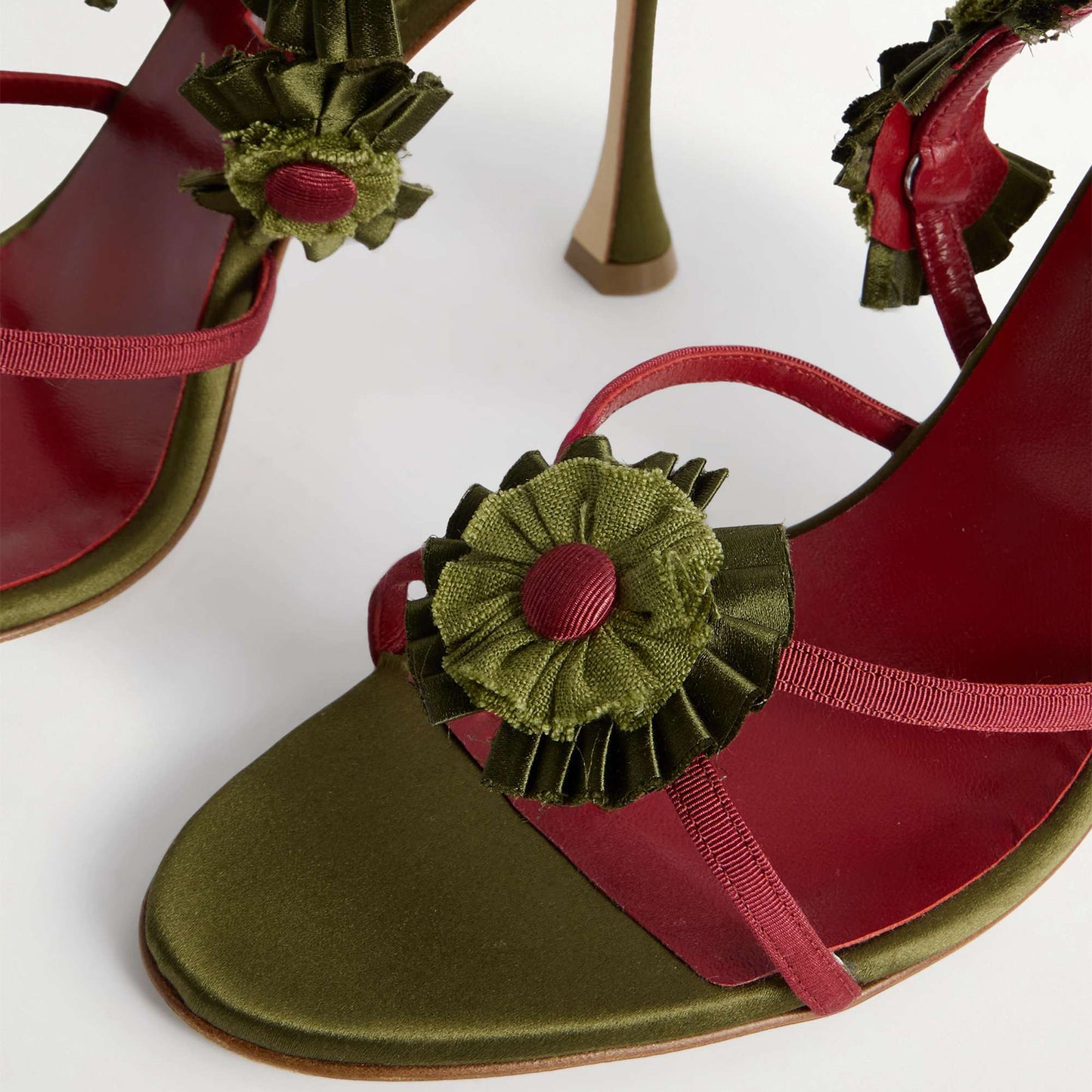 Army Green Satin Round-Toe Strappy With Flowers Detail High Heels