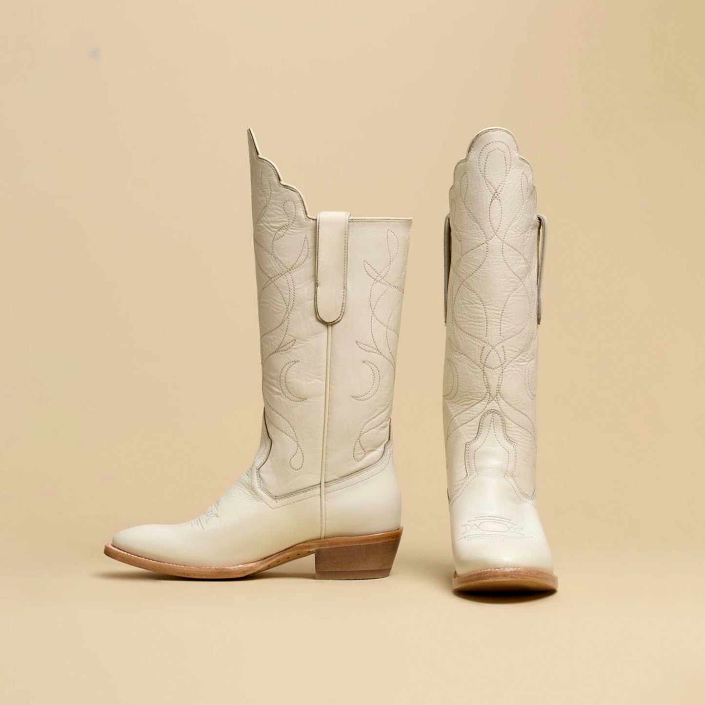 Ivory Round-Toe Classic Embroidery Mid Calf Cowgirl Boots For Women